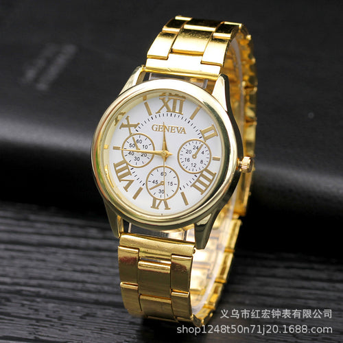 New Fashionable Gift Steel Band Watch Women Geneva 3 Eye Watch Men Quartz Watch Stock Wholesale