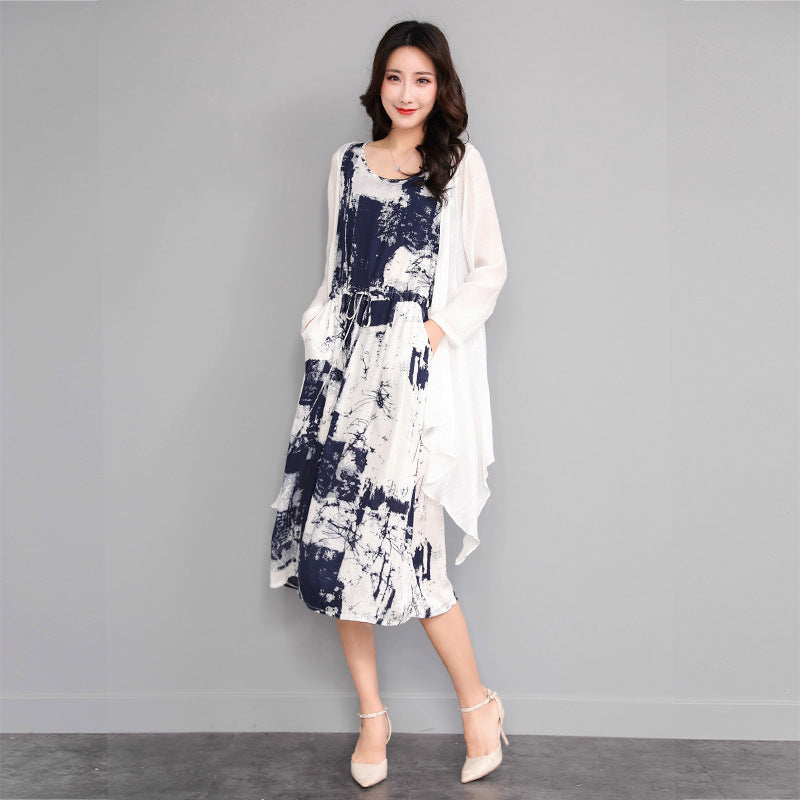 Women's Summer Ethnic Mid-Length Long Dress + Cardigan + Tank Top + Skirt 2-Piece Set - As Pictured