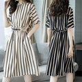 Plus Size Striped Midi Dress - Korean Style Waist-Cinching Elegant Dress