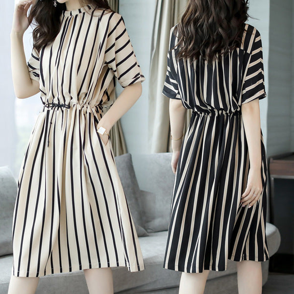 Plus Size Striped Midi Dress - Korean Style Waist-Cinching Elegant Dress
