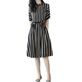 Plus Size Striped Midi Dress - Korean Style Waist-Cinching Elegant Dress