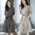 Plus Size Striped Midi Dress - Korean Style Waist-Cinching Elegant Dress