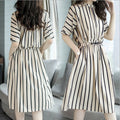Plus Size Striped Midi Dress - Korean Style Waist-Cinching Elegant Dress