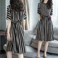 Plus Size Striped Midi Dress - Korean Style Waist-Cinching Elegant Dress