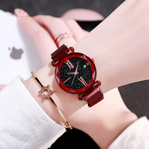 TikTok Style Watch La Horse Starry Side Beige Lily Magnetic Iron Band Quartz Movement Trendy Lazy Lounger Fashionable Watch