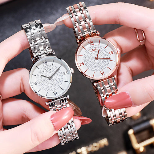 WeChat Biz WISH Starry Sky Steel Band La Horse Pattern Numbers Ladies Watch Factory Direct Student Quartz Watch Formal Breeze