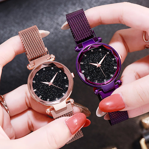 Starry Rhinestone Ladies Watch Fashionable Round Dial Rose Gold Beige Lily Magnetic Iron Stone Mesh Band Light Luxury Womens Watch Wholesale
