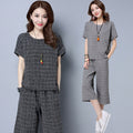 Artistic Retro Plus Size Short Sleeve Plaid Loose Wide Leg Pants + Tee 2-Piece Set