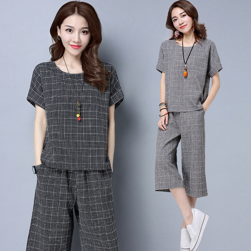 Artistic Retro Plus Size Short Sleeve Plaid Loose Wide Leg Pants + Tee 2-Piece Set