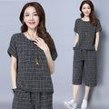 Artistic Retro Plus Size Short Sleeve Plaid Loose Wide Leg Pants + Tee 2-Piece Set