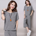 Artistic Retro Plus Size Short Sleeve Plaid Loose Wide Leg Pants + Tee 2-Piece Set
