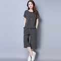 Artistic Retro Plus Size Short Sleeve Plaid Loose Wide Leg Pants + Tee 2-Piece Set