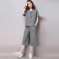 Artistic Retro Plus Size Short Sleeve Plaid Loose Wide Leg Pants + Tee 2-Piece Set