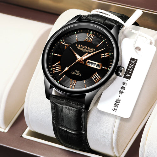 Longines Waterproof Glow Watch Men Student Fashionable Korean Trendy Pair Date Ultra Thin Real Leather Quartz Watch