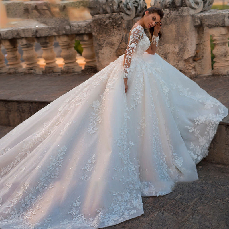 V-Neck Cathedral Train Wedding Gown - Vintage Sexy Tulle Long Sleeve Bridal Dress