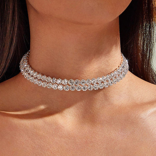 Rhinestone Necklace Flower Double-Layer Necklace ins Trendy Neck Accessory Influencer Choker Bride Wedding Bead Collar N5736