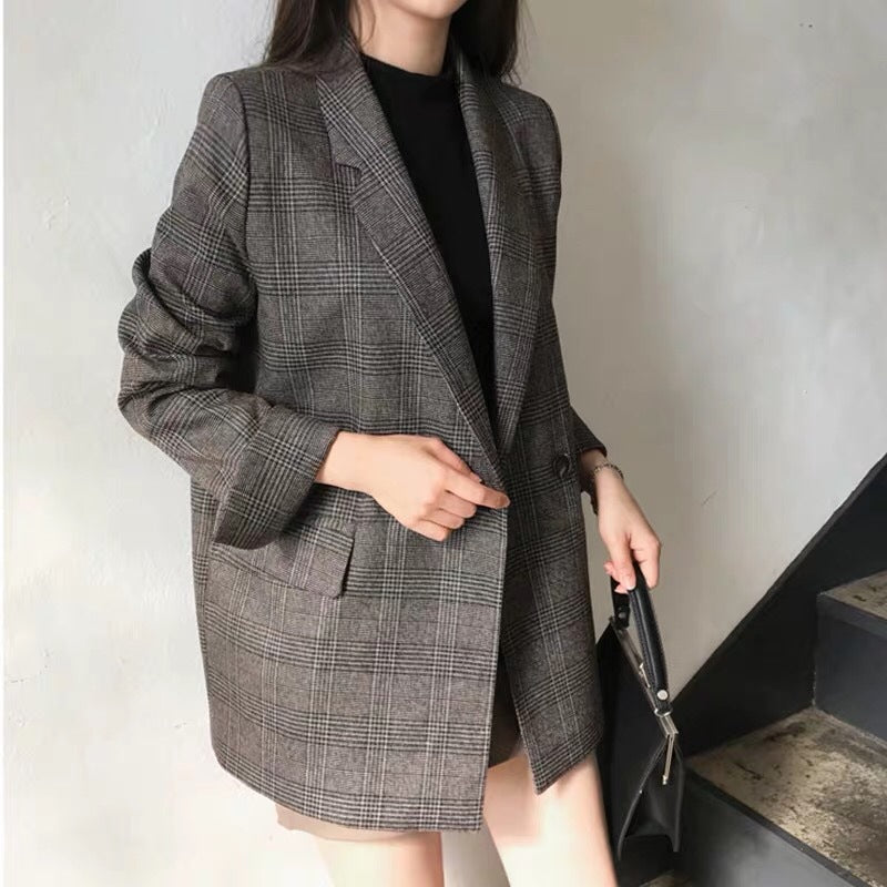Women's Fall Korean Retro Plaid Loose Blazer + Top 2026 | Casual Blouse - Gray