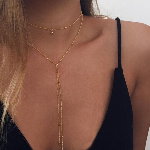 Western Accessory Fashionable Double-Layer Long Style Retro Collarbone Necklace Double-Layer Simple Fringe Beaded Chain Necklace N4705