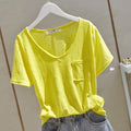 Bamboo Cotton V-Neck T-Shirt - Solid Color Patch Pocket Short Sleeve Top Women