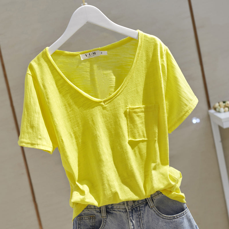Bamboo Cotton V-Neck T-Shirt - Solid Color Patch Pocket Short Sleeve Top Women