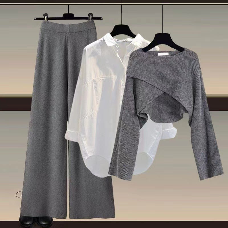 Fall-Winter Fashion Slimming Plus Size Knit Wool Wide Leg Pants + Sweater + Shirt 3-Piece Set