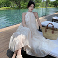 French Style Off-Shoulder Halter Dress, Fairy Princess Beach Vacation Long Dress
