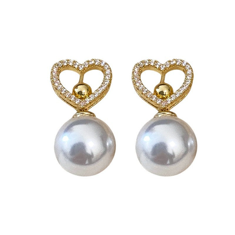 Zircon Heart and Pearl Geometric Stud Earrings – French Vintage Style - view 5