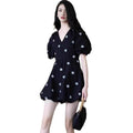 French Retro Floral Short Sleeve V-Neck Dress, Petite