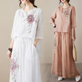 Summer Fashion Elegant Linen Cotton Embroidered Wide Leg Pants + Pants + Top Set