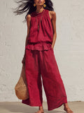 Women's Summer Casual Linen Cotton Sleeveless Ruffle Wide Leg Pants 2-Piece Set 2026 - Red