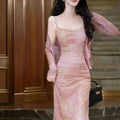 New Chinese Style Printed Stretch Mesh Fitted Long Dress