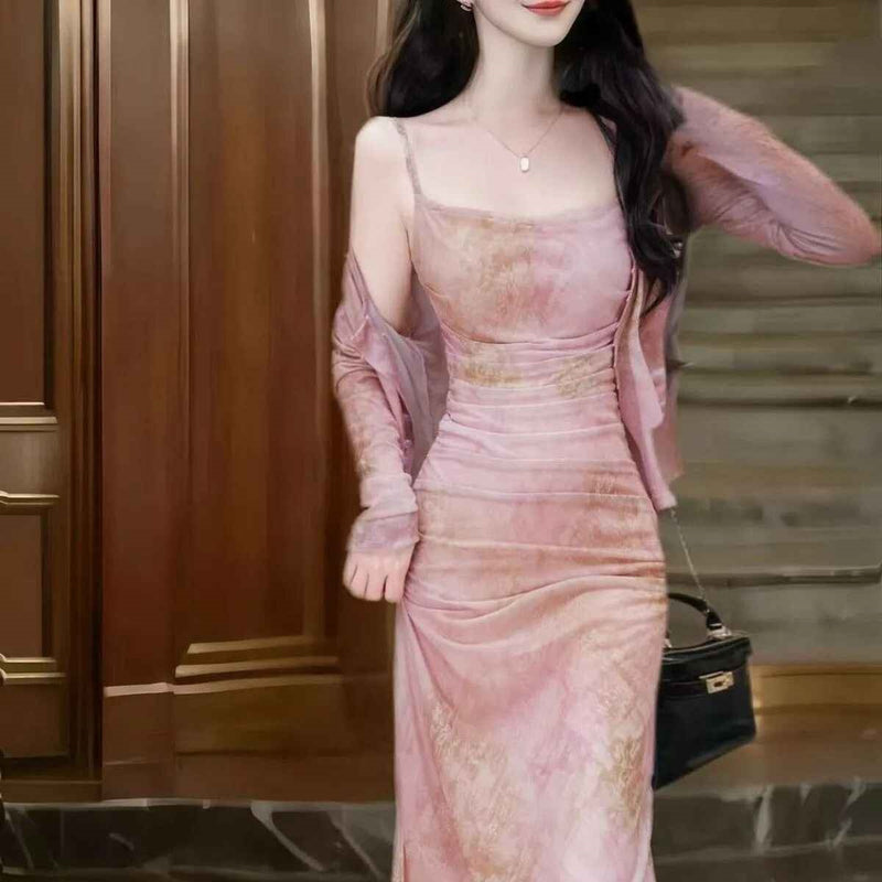 New Chinese Style Printed Stretch Mesh Fitted Long Dress