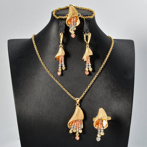 Overseas Fashionable Western 18K Gold Flower Beaded Fringe Necklace Bracelet Set Earrings Ring Wedding Banquet Set