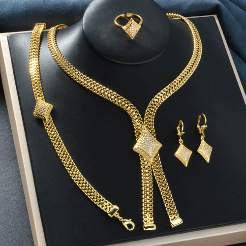 Africa Hot Sale Overseas 18K Gold Plated Quilted Shape Rhinestone Necklace Bracelet Set Earrings Ring Wedding Women Jewelry Set