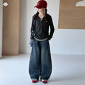 Girls' Faux Layered Striped Hoodie & Denim Curved-Leg Pants Set