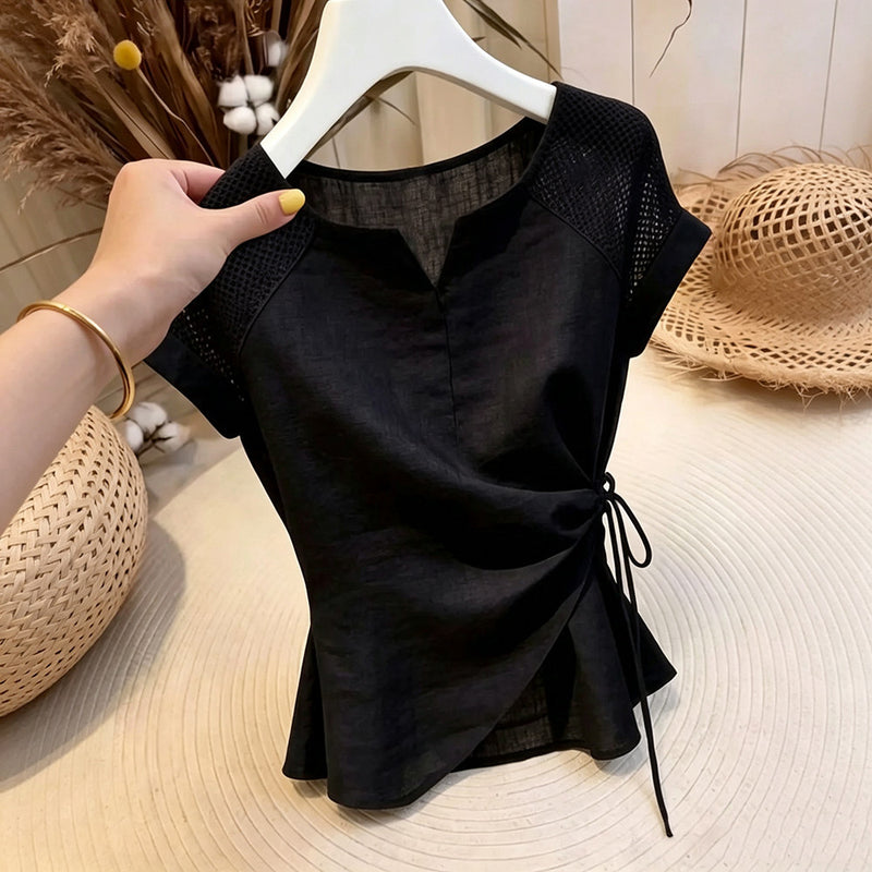 Summer Fashion Slimming Short Sleeve Waist-Tie Patchwork Hollow-Out Shirt