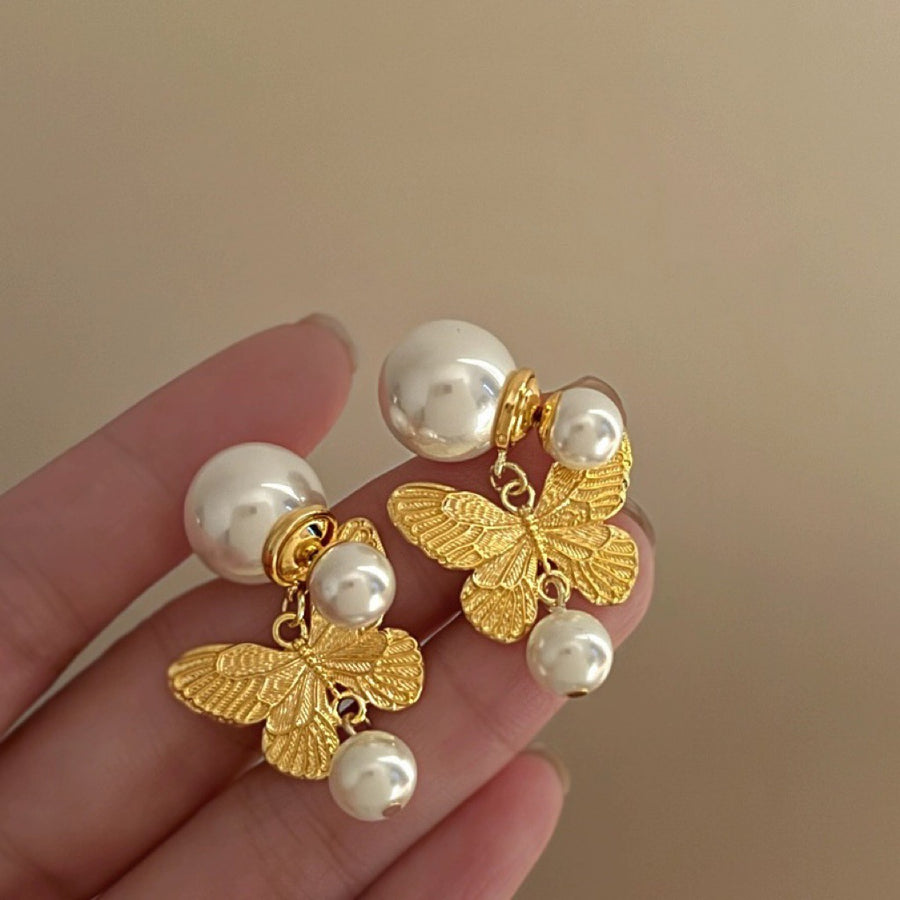 Pearl and Rhinestone Tassel Stud Earrings - view 7