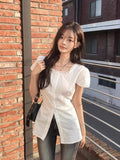 Summer Elegant Slimming Square Neck Tie-Front Waist-Tie Shirt