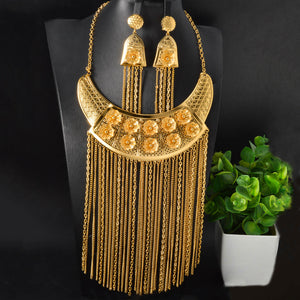 18k Gold Plated Dubai Middle East Wedding Party Flower Cutout Long Fringe Necklace Earrings Set Overseas Factory
