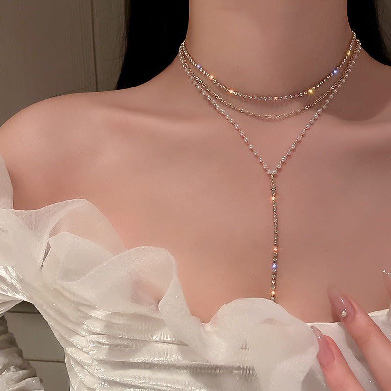 Vintage Pearl Rhinestone Tassel Choker Necklace - view 12