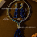 Vintage Accessory Premium vintage Royal Blue Fringe Necklace Earrings Set Jewelry Set Heavy-Duty Luxury Accessory