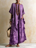 Women's Ethnic Vacation Linen Printed Loose Wide Leg Pants + Top 2-Piece Set 2026 - Olive