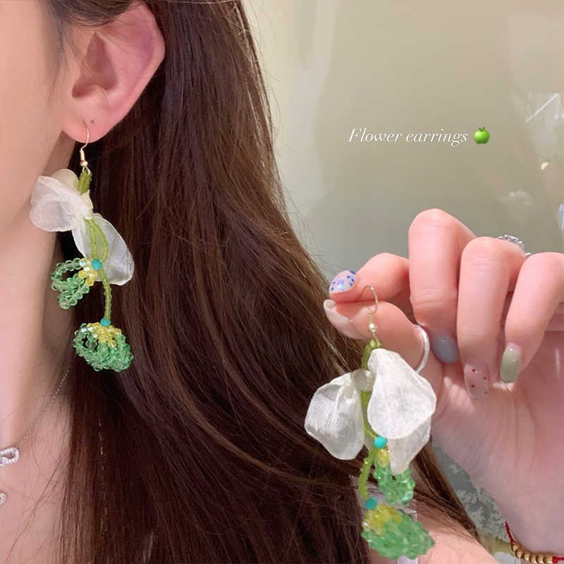 Chiffon Flower Tassel Drop Earrings - view 3