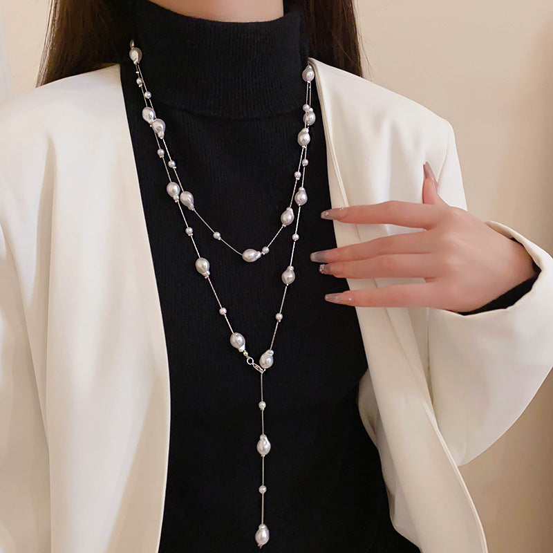 French Layered Rhinestone Pearl Necklace - view 8