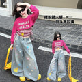 Girls' Rose Red Long Sleeve Top & Heart Jeans Set