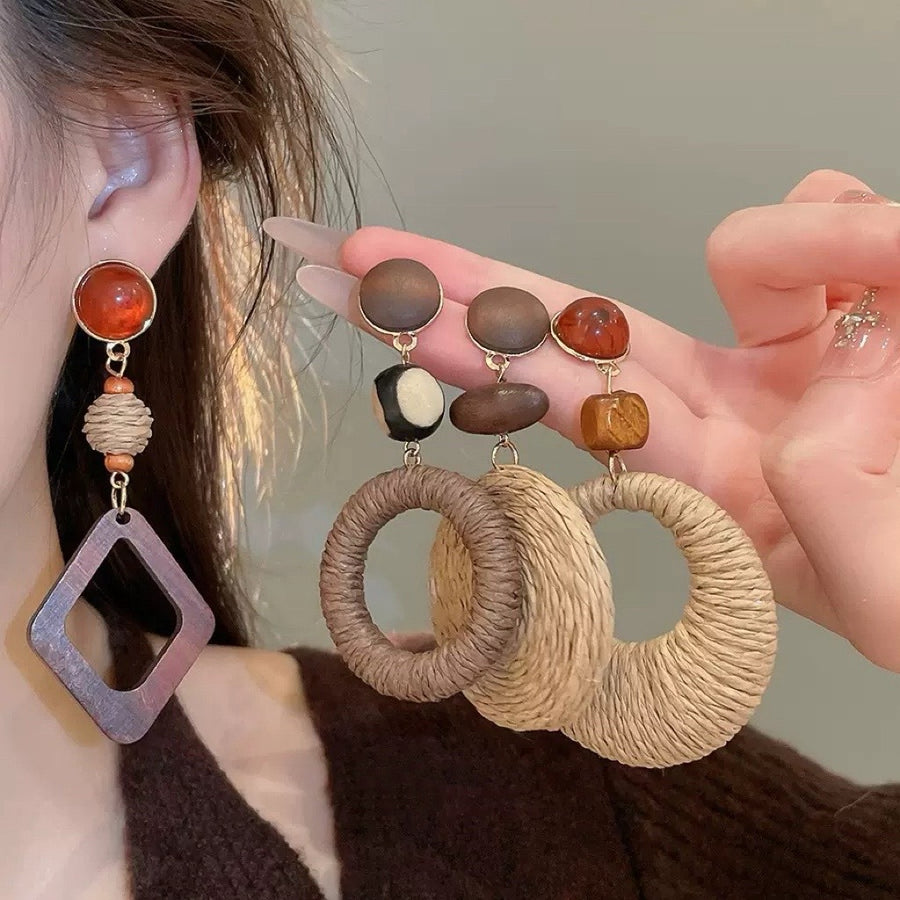 Vintage Round Wooden Drop Earrings - view 3