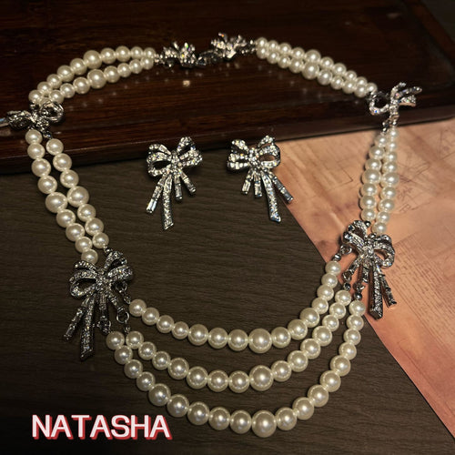 Retro Bow Pearl Necklace Stud Set French Love Imperial Elegant Pearl Vintage Accessory Jewelry