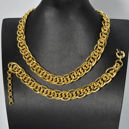 EU/US Import Accessory Gold Band Shape Pair Band Necklace Bracelet Set 2-Button Chunky Chain Stripe Fashionable Trendsetter Necklace