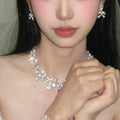 French Retro Bride Crystal Teardrop Fringe Necklace Earrings Set Premium Knot Wedding Dress Accessory Item Elegant