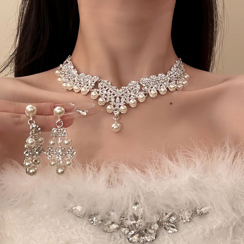 Exquisite Crystal Imitation Pearl Necklace Earrings Set Bride Banquet Gown Choker Stud Light Luxury Wedding Dress Accessory Clavicle Chain